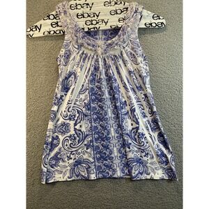 Espresso Sleeveless Scoop Neck Tank Blute & White‎ Paisle Rouching at Neck L